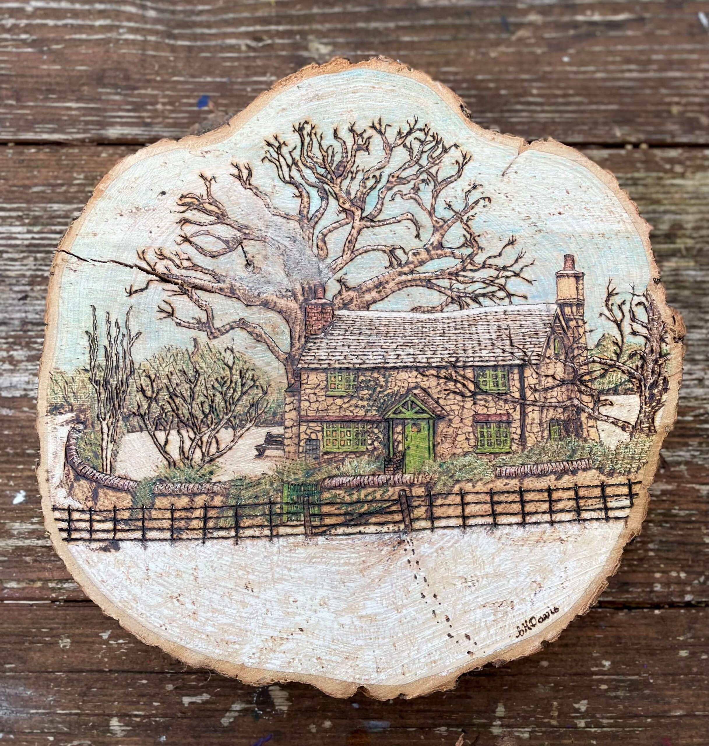 Pyrography English Country Cottage Log Slice Wall Art Sarah H Davis